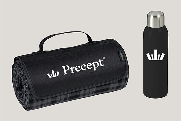 Exclusive water bottle and picnic blanket premium bundle with your gift to Precept during May 2026